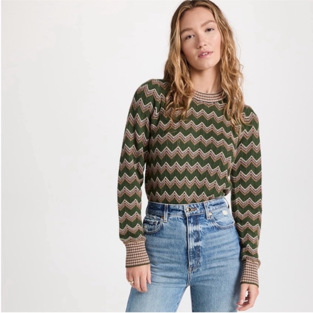 Veronica Beard Davignon Chevron Crew Neck Sweater in Army Multi Size Small